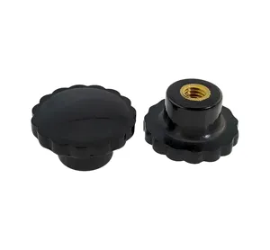 Hochwertige schwarze Kundenkleur Knurler-Griffknopf-Bakelite-Maschine geprägter Knopf mit weiblichem britischem Messingfaden