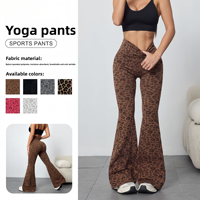 Celana Yoga Wanita High-Waisted Motif Leopard Model Bootcut, Bahan Spandex/Nylon Bernapas, Anti Kusut, Panjang, Ukuran XS