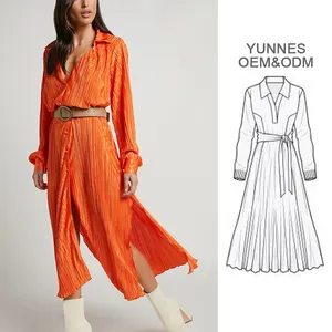 Yunnes nhà máy nhà sản xuất phụ nữ ăn mặc giản dị quá khổ có cổ Midi của phụ nữ áo sơ mi Dresses