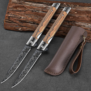 Dao gấp cắm trại di động với họa tiết Damascus gỗ vàng M390, dao ngoài trời gấp gọn, cán gỗ - Product Image 1