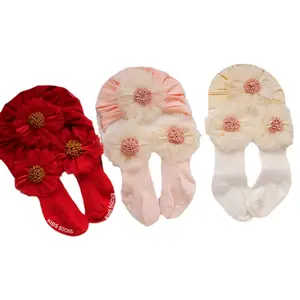 Wholesale 0-6 Months High Quality Baby Girl Hat Socks Sets Small Flowers Non Slip Floor Baby Socks
