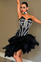 Robe de compétition de danse latine en spandex/coton à plumes d'autruche noires Vennystyle - Sur mesure - Tenue professionnelle pour examen féminin