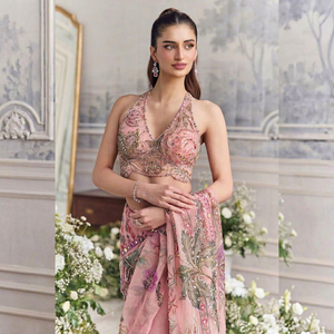 Lehenga Choli en Soie et Rayonne Brodé de Fleurs Roses, Robe Traditionnelle Indienne pour Mariage, Fête, Diwali, Protection Solaire, Séchage Rapide pour Femme - Product Image 1