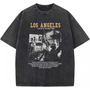 T-shirt Grafica Personalizzata da Uomo in Cotone Pesante Effetto Vintage, Vestibilità Oversize Boxy, Stampa Lettere <span class=keywords><strong>Los</strong></span> <span class=keywords><strong>Angeles</strong></span>, Stile Streetwear - Product Image 2