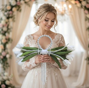 זר פרחים מלאכותי בסגנון וינטג' אלגנטי, עשוי PU עם פנינים, בצורת מפל, לאירועי חתונה, אביזר לצילום, מתנה, קישוט, פרחים נצחיים. - Product Image 2