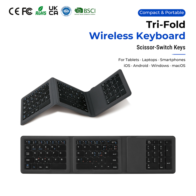 Tri-fold Ultra-Slim Wireless  Keyboard with Scissor Switch Split Design Portable Mini Keypad for Tablet Laptop Smartphone Travel