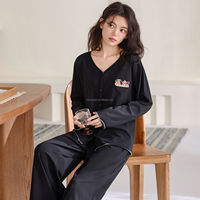 Ensemble de pyjama en tricot gaufré pour femmes, boutons en forme de cœur, manches longues, vêtements de nuit en coton, décontracté, ample, printemps et automne, nouvelle tenue de nuit