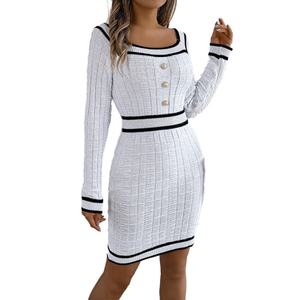 Vestido de Punto Midi con Cuello Cuadrado y Botones, Elegante, para Mujer, Otoño Invierno, Venta al Por Mayor, Estilo Casual Personalizado - Product Image 3