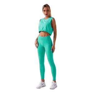 Amazon Hot Women Nahtloses tägliches Yoga-Set Kordel zug Stilvolle ärmellose Top Fitness Yoga Hose