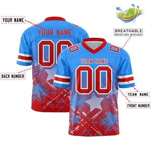 Maillot de football personnalisé bleu clair et rouge avec dégradé d'étoiles - Product Image 2
