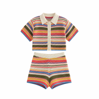 Ensemble deux pièces pour femme, cardigan en tricot rayé et short, manches courtes, col rabattu, été, prix de gros personnalisé ODM