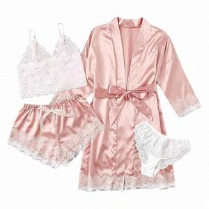 Ensemble de pyjama sexy pour femmes, 4 pièces, taille élastique, respirant, dentelle, viscose, satin, vêtements de nuit pour la maison - Product Image 3