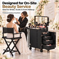 Ensemble de poste de travail cosmétique portable avec chaise de maquillage, valise de rangement à roulettes, miroir éclairé et table pliante