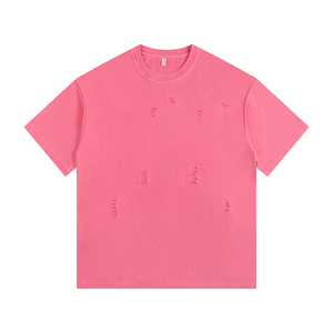 260g <span class=keywords><strong>Vintage</strong></span> lavé en détresse pur coton col rond cravate-teinture déchiré T-Shirt ample unisexe à la mode marque à manches courtes solide - Product Image 1
