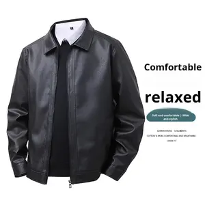 سترة جلدية متعددة الاستخدامات للرجال بسحاب للربيع والخريف فضفاضة ياقة مطوية لأسفل كاجوال للأعمال مقاومة للرياح من الأمام - Product Image 1