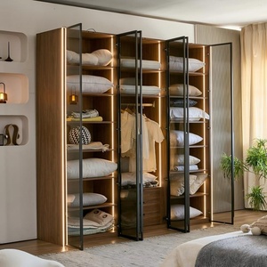 <span class=keywords><strong>Armoire</strong></span> durable en mélamine noyer avec portes en verre à cadre noir, éclairage LED intégré et tiroirs pour le rangement de la chambre - Product Image 3