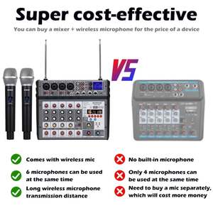 Console <span class=keywords><strong>de</strong></span> <span class=keywords><strong>mixage</strong></span> audio professionnelle 6 canaux avec deux microphones sans fil UHF, console <span class=keywords><strong>de</strong></span> <span class=keywords><strong>mixage</strong></span> USB, 16 DSP pour DJ, karaoké, enregistrement à domicile sur <span class=keywords><strong>PC</strong></span> - Product Image 2