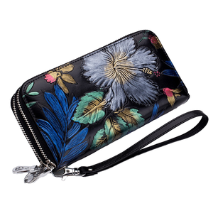 Dernier portefeuille élégant en cuir véritable pour femmes Double fermeture éclair Porte-cartes peint RFID Doublure en polyester-Caractère - Product Image 1