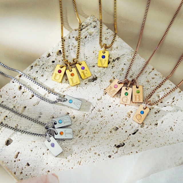 18K Gold Plated Initial Rectangle Pendant Necklace Stainless Steel Birthstone Zircon Charm Non Tarnish Waterproof Gift for Women