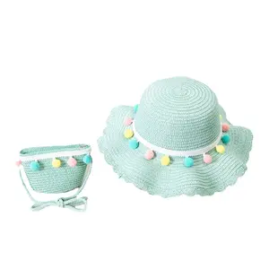 Baby fisherman sun visor hat summer beach woven children bag beach suntan kids floppy straw hat