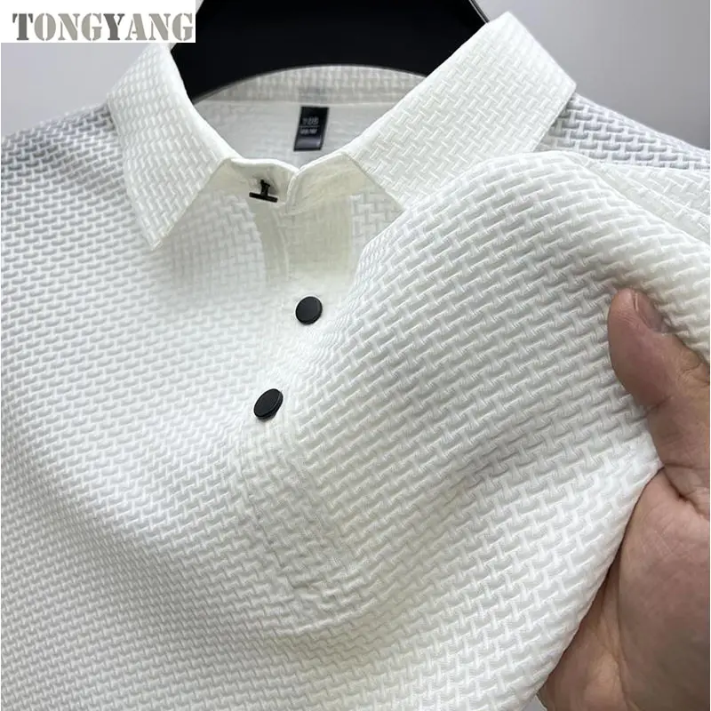 TONGYANGメンズブランド高品質ニットアイスクールポロシャツサマーカジュアルポロカラーリブ通気性トップ半袖Tシャツ