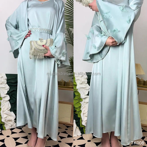 Conjunto de Abaya Informal Musulmana para Mujer <span class=keywords><strong>Habib</strong></span>, Satén, 2 Piezas, Manga Acampanada, Azul Cielo, Abaya Abierta, Venta al Por Mayor - Product Image 5