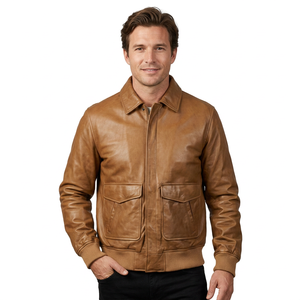 <b>Mens</b> Real Tan Leather Bomber <b>Jacket</b> <b>Flight</b> Shirt Collar Cowhide Coat Flap Pocket Rib Knit Trim Custom Classic Winter Warm Out - Product Image 1