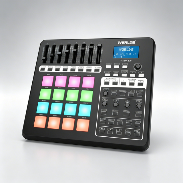 PANDA200 MIDI Pad Controller with 16 RGB Velocity Drum Pads 8 Faders Rotary Knobs LCD Display