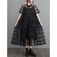 Nouvelle Robe Chemise en Organza Chic Française pour l'Été 2026, Ensemble 2 Pièces Ample et Superposé, Grande Taille, Robe Longue Noire pour Femme