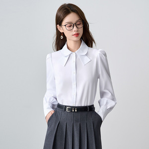 Blue Preppy Style Shirt Women Long Sleeve Puff Sleeve Solid Color Work Blouse Autumn Spring Commute Interview Poplin Fabric - Product Image 2