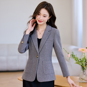 Women's Grey Blazer Solid Color Polyester Worsted Anti-Wrinkle Slim Fit Casual Elegant Winter Style - Product Image 1