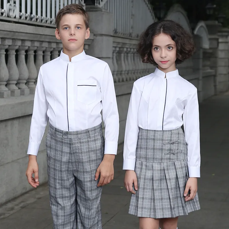 Uniformes escolares de algodón 100% Unisex, conjunto de camisa blanca de verano para primaria y secundaria