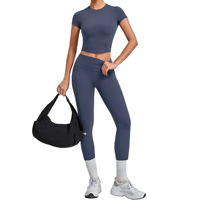 Ensemble de sport hautement élastique à taille haute et manches courtes en Spandex/Nylon, avec pantalon, pour le fitness en extérieur, effet push-up, séchage rapide, yoga