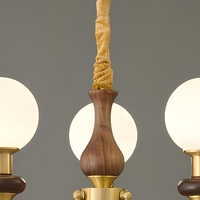 Lámpara de Techo Colgante de Tres Luces de Madera de Nogal Negro y Cristal para Sala de Estar, Hotel, Restaurante