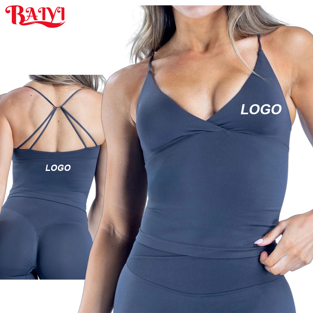 2026 Hot V Neck Seamless Yoga Top for Women Quick Dry Breathable Workout Running Gym Fitness Cross Back Vest Sports Tank Top