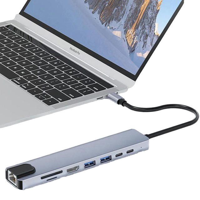 Multi-functional 8-Port USB 3.0 Type-C Hub for 2.1 SD Card Support Aluminum Alloy Expansion Dock for MacBook Pro/PC-in Stock