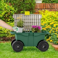 Chariot de jardin multifonctionnel, bac de rangement roulant avec siège-banc et sac de rangement intérieur pour outils