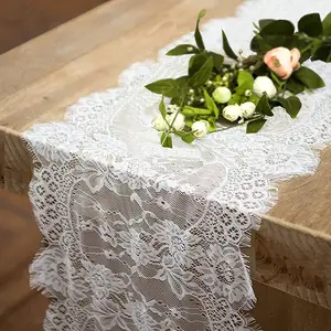 Luxus weiß exquisite Braut Dekor rustikale Boho Rose Overlay Floral Lace Tisch läufer für Hochzeits feier