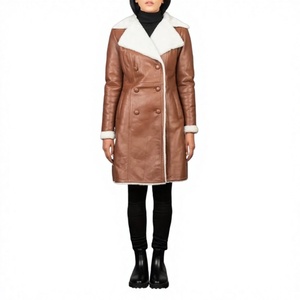 Abrigo de Cuero Genuino para Mujer, Estilo Gabardina, Doble Botonadura, Largo, Transpirable, Resistente al Viento, Cuello Alto, Forro de Poliéster, Cálido para Invierno, Casual - Product Image 1