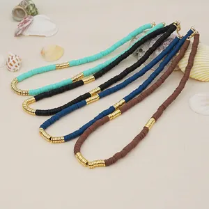 Go2Boho kalung untuk wanita mode Heishi kalung Choker manik-manik cakram polimer tanah liat berlapis emas manik-manik rantai baja tahan karat