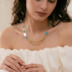Collar de Cuentas de Turquesa Natural 2026, <span class=keywords><strong>Cadena</strong></span> Asimétrica de Varias Capas con Eslabones Tipo Clip, Estilo Barroco, Acero Inoxidable Dorado, para Mujer, Oro de 18K - Product Image 3