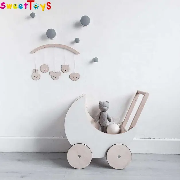 Andador de madera para bebé coche Push Doll Stroller Toy Classic buggy de muñeca de madera, andador de aprendizaje de bebé de Madera Juguetes para niños pequeños