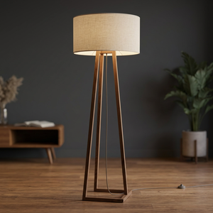 Wooden Tripod Floor Lamp Fabric <b>Drum</b> <b>Shade</b> Modern Minimalist Hotel Indoor Bedside Reading <b>Light</b> Bedroom Living Room - Product Image 3