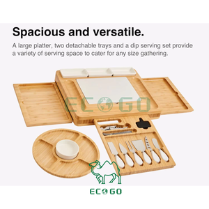 Hot Sale Bamboo Cheese Board With Cutlery Set Wood Charcuterie Platter With Slide-out Drawer Built-in Food Compartments - Product Image 3