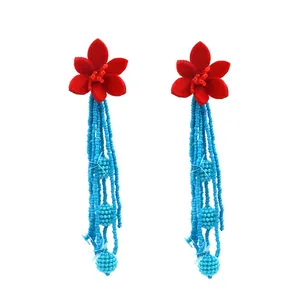 Tassel earrings Resin beads Acrylic, Resin, Lucite Flower Red Flower Light Blue Rice Ball Long tassel flower rice bead earrings