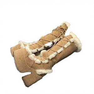 Botas de nieve de talla grande con cordones, cálidas, de invierno, con punta cerrada, peludas, para mujer, hasta la rodilla, con tacón alto y plataforma, tacón grueso, con forro de piel - Product Image 4