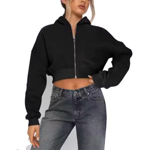 Sudadera con Capucha Corta Personalizada para Mujer, Otoño Invierno, con Cremallera Completa, Informal, para Gimnasio, con Hombros Caídos - Product Image 1