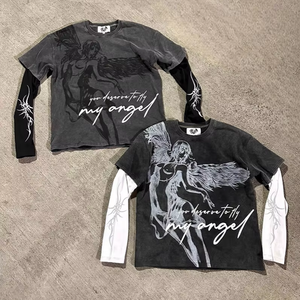 <span class=keywords><strong>T</strong></span>-<span class=keywords><strong>shirt</strong></span> ample à manches longues pour homme, style streetwear vintage rétro Y2K, délavé et vieilli, imprimé graphique, poids lourd - Product Image 1