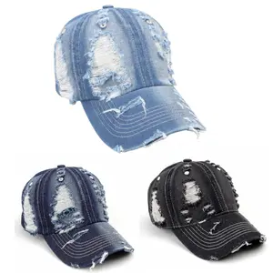 Diseño personalizado Moda Unisex Jeans Material 6 Panel Desgastado Estilo Sombrero sin estructura