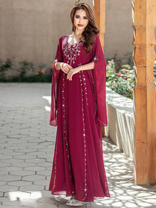 Vestido de Verano con Cuentas Hechas a Mano para Mujer, Estilo Socialité, Color Vino Tinto, Túnica Árabe, Medio Oriente, Dubái - Product Image 6
